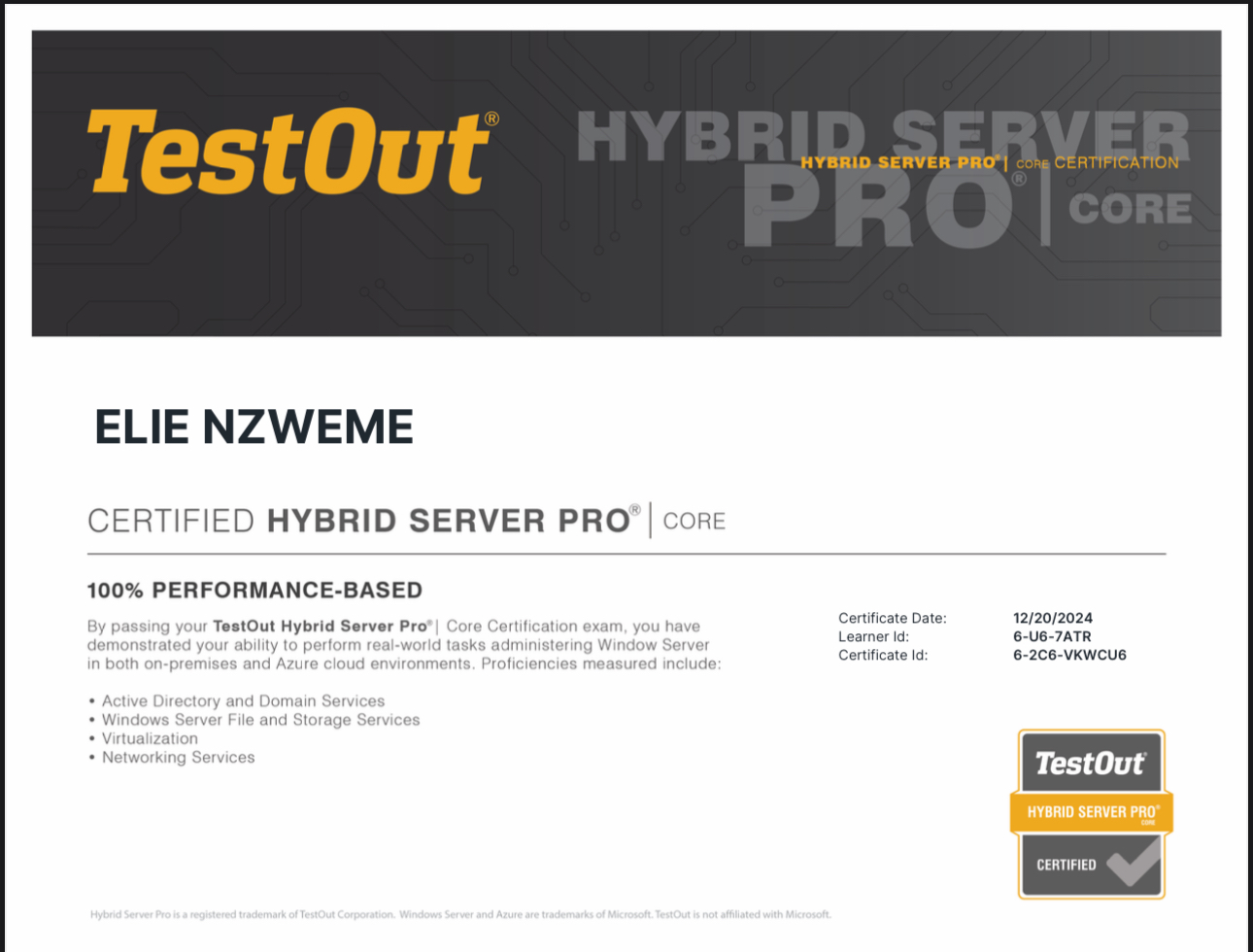 TestOut Hybrid Server Pro certification